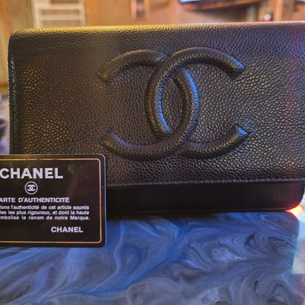 CHANEL Black Leather Logo Wallet with Silver Accents
